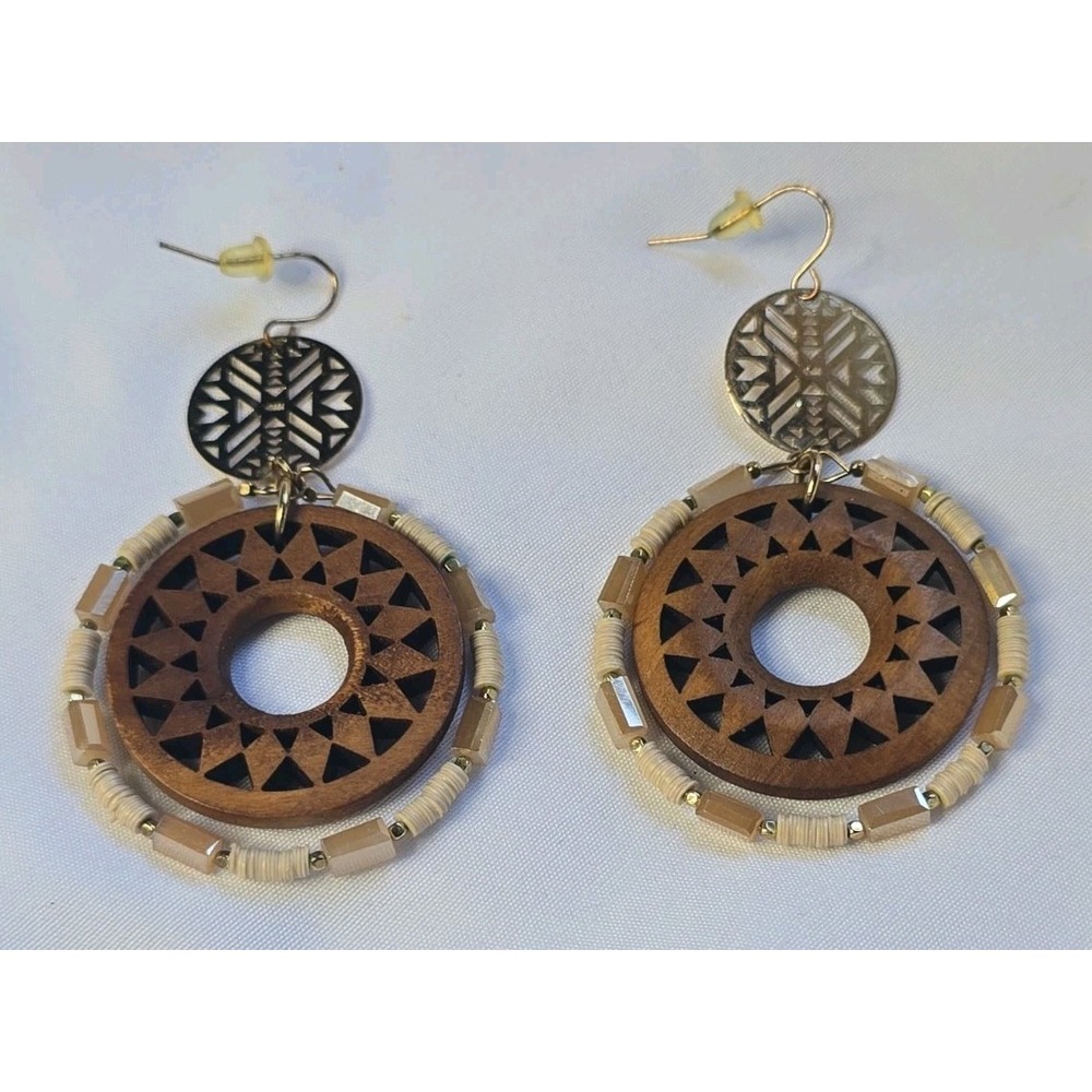 Bohemian-Style Drop Earrings Wooden Pendants Geometric Sunburst/ Mandala Pattern
